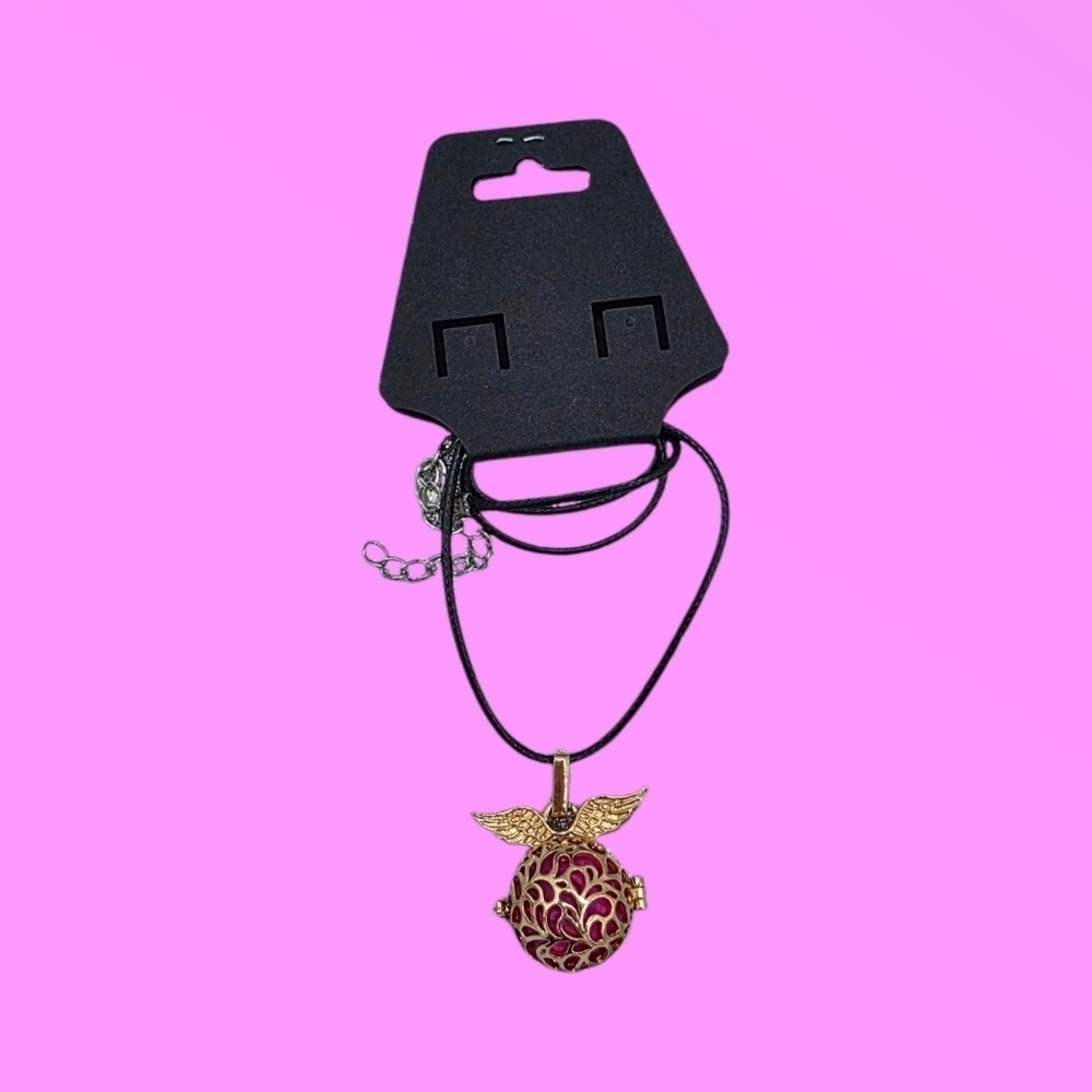 Golden Rutile Quartz Crystal Sphere w/ Rose Gold Angel Wings Harmony Ball Locket